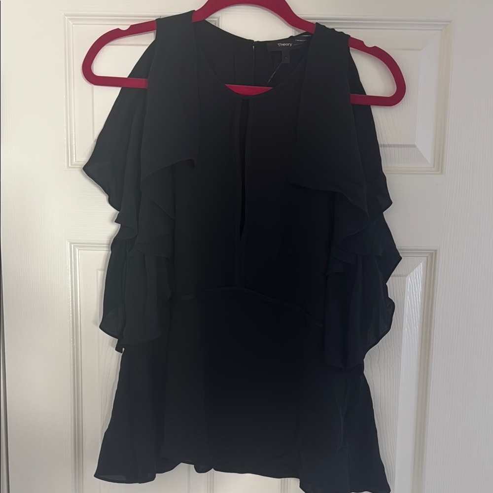NWT Theory Black Cold Shoulder Ruffle Blouse